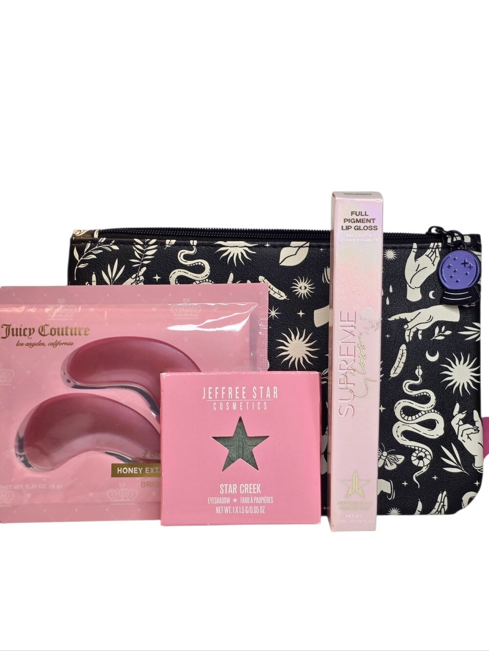 4 Piece Makeup Set Crystal Ball Ipsy Cosmetic Bag Jeffree Star + Juicy Couture